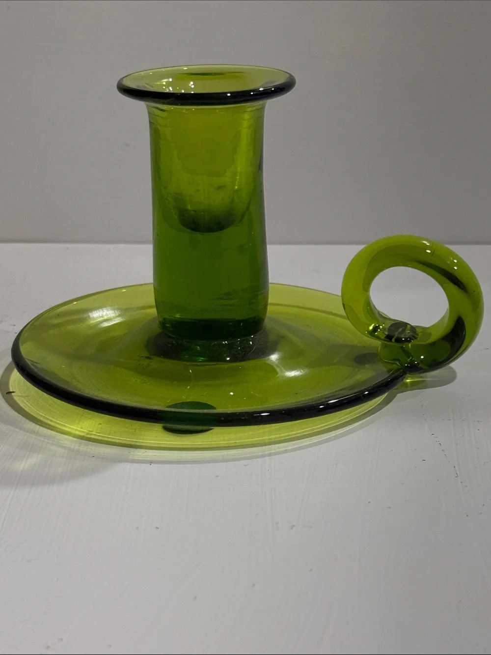 Jamestown Colonial Green Glass Chamberstick Candlestick Holder vintage